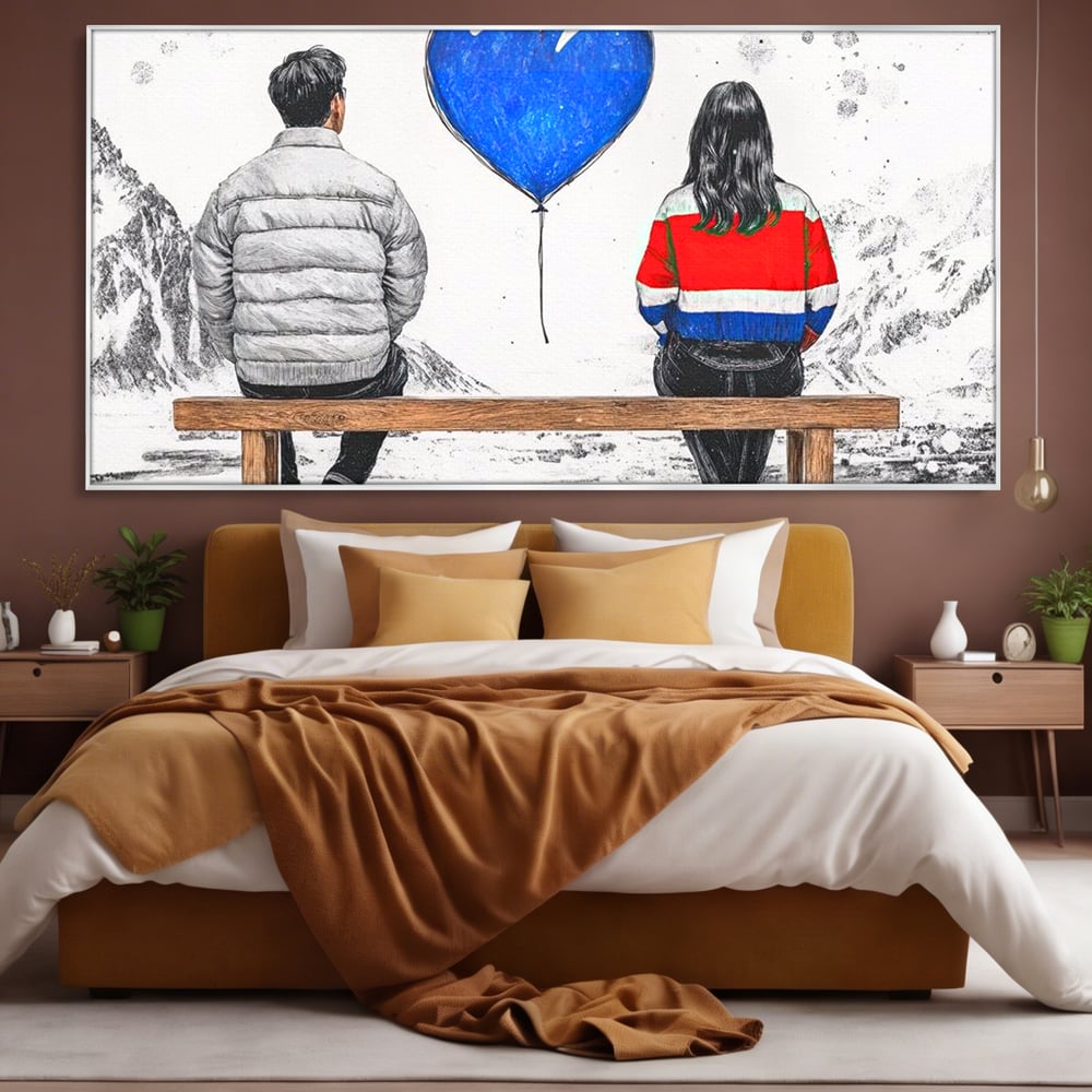 Tablou canvas cu ilustratie cu doi tineri pe banca, in rama de aluminiu argintiu, pe perete intr-un dormitor